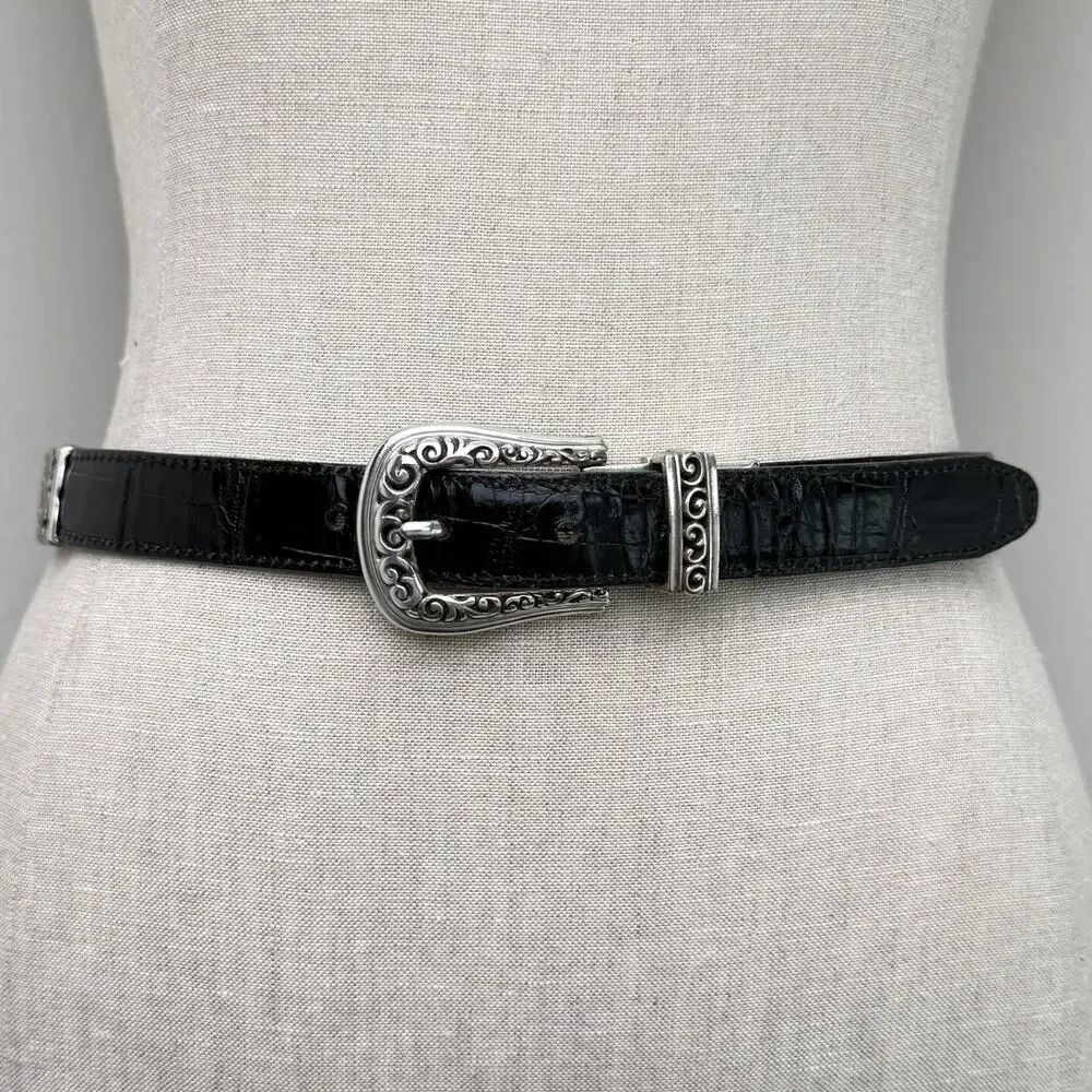 Brighton Reversible Leather Belt Red Black Croc M 30 Western Silver Tone Buckle